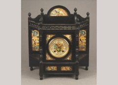 Aesthetic Movement ebonised and gilt painted panel mantel clock - Thumbnail 1