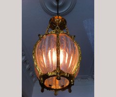 W. A. S. Benson. An exceptional pair of three light, gilt bronze ceiling lights, with heavy moulded glass - Thumbnail 2