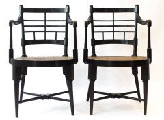 E. W. Godwin for William Watt. A rare pair of Old English or Jacobean ebonised curved back elbow chair - Thumbnail 2