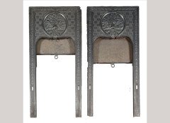 Thomas Jeckyll Attributed, a pair of cast iron fireplace inserts with a peacock displayed on a bracket - Thumbnail 1