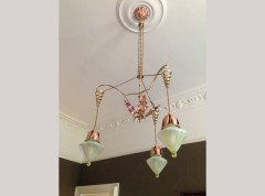W. A. S. Benson. An impressive copper and brass chandelier retaining the original James Powell of Whitefriars Vaseline glass shades - Thumbnail 2