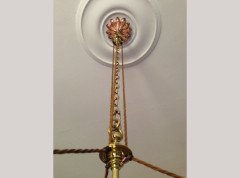 W. A. S. Benson. An impressive copper and brass chandelier retaining the original James Powell of Whitefriars Vaseline glass shades - Thumbnail 3