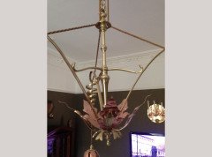 W. A. S. Benson. An impressive copper and brass chandelier retaining the original James Powell of Whitefriars Vaseline glass shades - Thumbnail 4