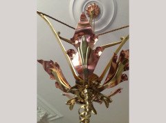 W. A. S. Benson. An impressive copper and brass chandelier retaining the original James Powell of Whitefriars Vaseline glass shades - Thumbnail 5