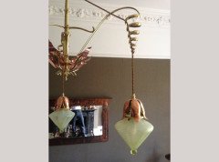 W. A. S. Benson. impressive copper and brass chandelier retaining the original James Powell of Whitefriars Vaseline glass shades - Thumbnail 7