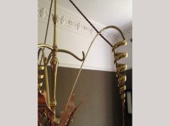 W. A. S. Benson. An impressive copper and brass chandelier retaining the original James Powell of Whitefriars Vaseline glass shades - Thumbnail 8