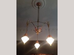 W. A. S. Benson. impressive copper and brass chandelier retaining the original James Powell of Whitefriars Vaseline glass shades - Thumbnail 10