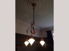 W. A. S. Benson. An impressive copper and brass chandelier retaining the original James Powell of Whitefriars Vaseline glass shades - Thumbnail 11