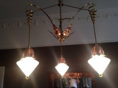 W. A. S. Benson. impressive copper and brass chandelier retaining the original James Powell of Whitefriars Vaseline glass shades - Thumbnail 12