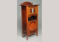 J. S. Henry. A Glasgow School mahogany, inlaid and enamelled narrow cabinet - Thumbnail 1