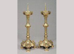 William Burgess, In the manner of. A pair of Gothic Revival brass tall pricket candlesticks - Thumbnail 1