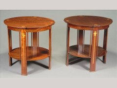 G. M. Ellwood for J. S. Henry. A pair of mahogany and inlaid circular lamp tables - Thumbnail 1