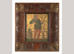 Henry Stacy-Marks. An oil on gilded panel in the medieval, Style of. A gentleman passing his loved one a flower - Thumbnail 1