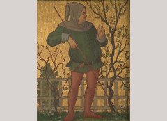 Henry Stacy-Marks. An oil on gilded panel in the medieval, Style of. A gentleman passing his loved one a flower - Thumbnail 2