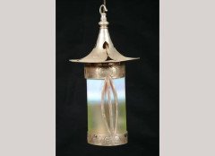 Arts & Crafts silver plated brass and vaseline and cranberry glass cylindrical hall lantern - Thumbnail 1