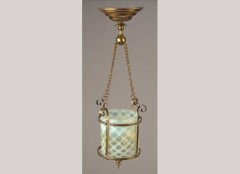 Arts & Crafts brass and honeycomb vaseline glass hall lantern - Thumbnail 1