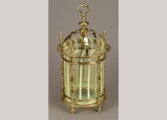 An Arts & Crafts turned brass and striped vaseline glass hall lantern - Thumbnail 1
