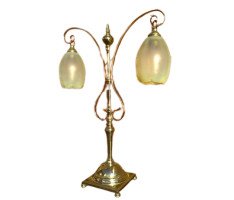 W. A. S. Benson. A beautiful Arts & Crafts copper and brass twin arm table light with original heavy Vaseline Powell shades - Thumbnail 1
