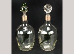 Arthur Cook. A pair of Arts & Crafts silver mounted clear and green glass decanters and stoppers - Thumbnail 1