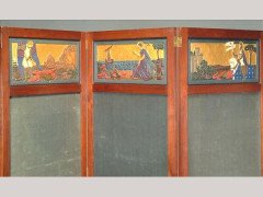 Morris & Co. (possibly). An important Arts & Crafts bas-relief carved and polychrome painted walnut three-fold screen - Thumbnail 2