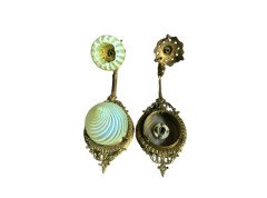 Pair of Arts & Crafts brass wall lamps with vaseline glass shades