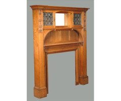 Wylie & Lochhead. A carved oak, mirrored and leaded glass mantelpiece - Thumbnail 1