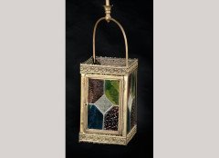 A Reformed Gothic Brass Square Hall Lantern, with Leaded & Stained Glass Panels