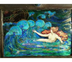 A well executed Arts & Crafts enamelled wall plaque with a Mermaid beckoning a ship - Thumbnail 2