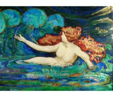 A well executed Arts & Crafts enamelled wall plaque with a Mermaid beckoning a ship - Thumbnail 3