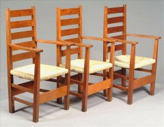 M. H. Baillie Scott for J P White of Bedford. A set of four Oak ladderback Armchairs - Thumbnail 2