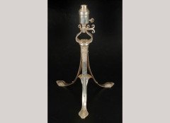 Arthur Dixon for Birmingham Guild of Handicraft. electro-plated and satin finish vaseline glass adjustable table lamp - Thumbnail 1
