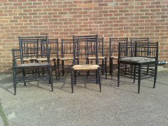 Liberty & Co. A set of Aesthetic Movement ebonised chairs after designs by Ford Maddox Brown with a Moresque style. - Thumbnail 2