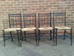 Liberty & Co. A set of Aesthetic Movement ebonised chairs after designs by Ford Maddox Brown with a Moresque style. - Thumbnail 4