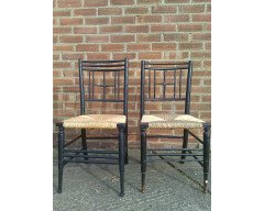 Liberty & Co. A set of Aesthetic Movement ebonised chairs after designs by Ford Maddox Brown with a Moresque style. - Thumbnail 5